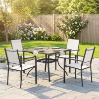 Outsunny 5 Piece Outdoor Patio Dining Set, Dining Table and 4 Stackable Chairs with Umbrella Hole, Shelf(m-1)