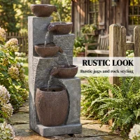 Outsunny Outdoor Cascading Rock Water Fountain, 5-Tier Waterfall Feature with LED Lights, Adjustable Flow, Grey and Rustic Brown(m-4)