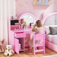 Qaba Kids Vanity Set, Toddler Dressing Table and Chair Set  with Lighted Mirror, Cabinet, Drawer and Shelves, Pink(m-1)