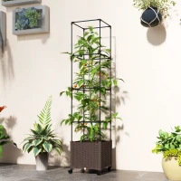 Outsunny Raised Garden Bed with Trellis, Tomato Cage with Lockable Wheels, Self Watering Planter Box with Drainage Holes, Brown(m-10)