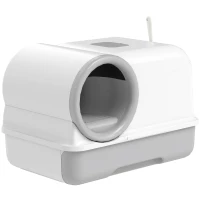 PawHut Cat Litter Box Easy Clean Drawer Odor Control Hooded Cat Litter Tray with Scoop White and Grey(m-2)