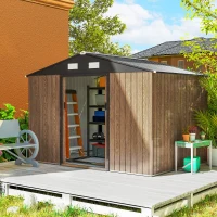 Outsunny 9.1'x6.4'x6.3' Garden Storage Shed, Outdoor Storage Tool House with Vents, Foundation and Lockable Double Doors, Teak(m-1)
