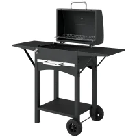 Outsunny Charcoal Grill with 2 Side Tables, Barbecue Grill with Thermometer and Warming Rack, Wheels, 43.3"x18.3"x39.8", Black(m-2)