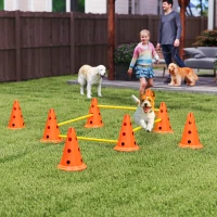 PawHut Dog Agility Hurdle Cone Set, Adjustable Obstacle Course Equipment with 8 Cones & 8 Poles, Carry Bag, Orange(m-1)