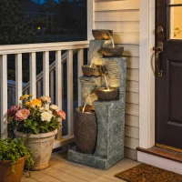 Outsunny Outdoor Cascading Rock Water Fountain, 5-Tier Waterfall Feature with LED Lights, Adjustable Flow, Grey and Rustic Brown(m-10)