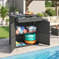 Outsunny Wicker Outdoor Storage Cabinet with 2 Doors and Drawers, 2-Tier Shelf Rattan Patio Storage Cabinet, Dark Grey(m-9)