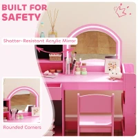Qaba Kids Vanity Set, Toddler Dressing Table and Chair Set  with Lighted Mirror, Cabinet, Drawer and Shelves, Pink(m-7)