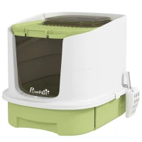 PawHut Enclosed Cat Litter Box with Lid, Scoop, Top Entry, Deodorization Bags, Drawer Type Cat Litter Tray, Easy to Clean, Green(m-2)