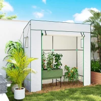 Outsunny Walk-in Tomato Greenhouse Lean-to Green House with Reinforced PE Cover, Roll-up Door, Mesh Windows, White(m-8)