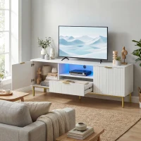 HOMCOM Modern TV Console for TVs up to 60 Inch, Entertainment Center with Smart RGB LED Lights and Soft Close Doors, White(m-1)