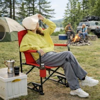 Outdoor Freestyle Rocker Camping Chair with Armrests and Backrest, Drink Holder, Portable Folding Rocking Chair, 24.5" L x 26" W x 37" H, Red(m-4)