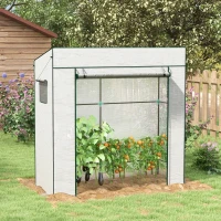 Outsunny Walk-in Tomato Greenhouse Lean-to Green House with Reinforced PE Cover, Roll-up Door, Mesh Windows, White(m-10)