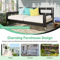 Twin Size Porch Swing Daybed with 4 Hanging Ropes and High Back, Acacia Wood Swing Bench for Garden, 82'' L x 40.5'' W x 27.5'' H, Black(m-4)