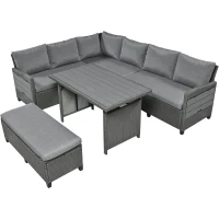 5-Piece Rattan Patio Sofa with Extendable Side Table & Dining Table, All-Weather Wicker Sectional for Garden, 47" L x 27.5" W x 27.5" H, Gray(m-8)