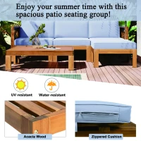 Casual Outdoor Sectional Sofa with Wood Frame & Cushions, Patio Seating Group for Backyard, 25.5" L x 25.5" W x 25.5" H, Natural+Gray(m-4)