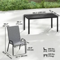 Outsunny Outdoor Dining Set for 6, Faux Wood Metal Patio Table and Mesh Stackable Chairs with Umbrella Hole, Mixed Grey(m-3)