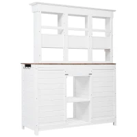 Garden Potting Bench with Hutch, 6 Drawer & 2 Cabinet, Tall Wood Workstation with 3 Shelf & Side Hooks, 50'' L x 20.5'' W x 65.5'' H, White(m-14)