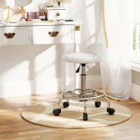 HOMCOM PU Leather Rolling Stool, Height Adjustable Swivel Salon Chair with Backrest and Foot Rest for Spa, Tattoo, White(m-8)