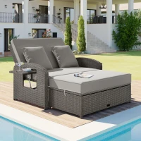 Stylish Double Chaise Lounge with Adjustable Back, 2-Person Rattan Daybed with Thick Cushion, 53.5" L x 43" W x 21.5" H, Gray(m-8)