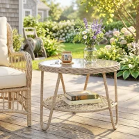 Outsunny Rattan Outdoor Coffee Table, 2-Tier Small Garden Side Table with Storage Shelf, Tempered Glass Top, Adjustable Footpads(m-10)