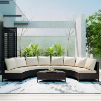 5 Piece Half-Moon Patio Sectional with Glass Table, All-Weather Wicker Sofa with Thick Cushions, 47.5" L x 27" W x 27" H, Beige(m-8)