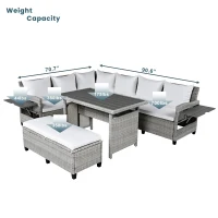5-Piece Rattan Patio Sofa with Extendable Side Table & Dining Table, All-Weather Wicker Sectional for Garden, 47" L x 27.5" W x 27.5" H, White(m-4)