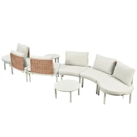 8-Piece Half Moon Patio Sectional with 2 Coffee Table & Cushion, PE Wicker Rattan Sofa Set for Poolside, 34.5'' L x 25.5'' W x 12.5'' H, Beige(m-13)