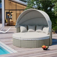 Round Rattan Patio Daybed with Retractable Canopy and Table, Versatile Sunbed with Separate Garden Seating, 66.5" L x 65" W x 53.5" H, Gray(m-9)
