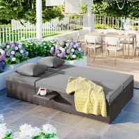 Outdoor Patio Sunbed with Adjustable Backrest & Side Tray, Wicker Rattan Lounger with Thick Cushion, 47" L x 29.5" W x 15" H, Gray(m-6)