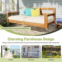 Twin Size Porch Swing Daybed with Acacia Wood Frame, Farmhouse Hanging Daybed for Patio & Garden, 82'' L x 40.5'' W x 27.5'' H, Natural(m-4)