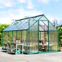 Outsunny Polycarbonate Greenhouse with Swing Door and Two Adjustable Roof Vents, Aluminum Walk-in Greenhouse, 11x6 ft, Dark Green(m-8)