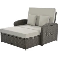 Stylish Double Chaise Lounge with Adjustable Back, 2-Person Rattan Daybed with Thick Cushion, 53.5" L x 43" W x 21.5" H, Gray(m-2)