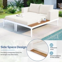 2 In 1 Outdoor Daybed with Wood Side Table for Patio, Convertible Padded Chaise Lounge with Adjustable Leg, 59" L x 55" W x 21" H, Beige(m-4)