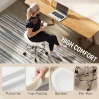 HOMCOM PU Leather Rolling Stool, Height Adjustable Swivel Salon Chair with Backrest and Foot Rest for Spa, Tattoo, White(m-5)
