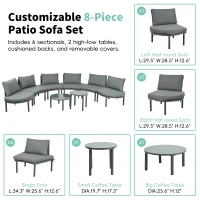 8-Piece Half Moon Sectional Sofa with 2 Coffee Table & Cushion, PE Wicker Patio Furniture for Backyard, 34.5'' L x 25.5'' W x 12.5'' H, Gray(m-6)