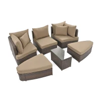 Round Patio Sofa Set with All-Weather Wicker & Thick Cushions, PE Rattan Conversation Group for Garden, 87" L x 61" W x 33.5" H, Brown(m-14)