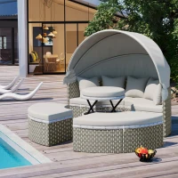 Round Rattan Patio Daybed with Retractable Canopy and Table, Versatile Sunbed with Separate Garden Seating, 66.5" L x 65" W x 53.5" H, Gray(m-1)
