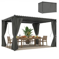 Outsunny 10 x 13 ft Louvered Pergola with Steel Roof, Curtains, Outdoor Metal Pergola Gazebo with Drainage Gutters, Grey(m-11)