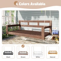 Twin Size Farmhouse Swing Daybed for Backyard Relaxation, Acacia Wood Porch Swing with 4 Hanging Rope, 82'' L x 40.5'' W x 27.5'' H, Brown(m-6)