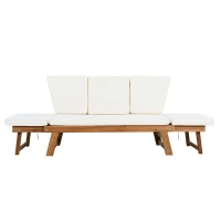 Expandable Acacia Wood Daybed with Cushions, Adjustable Patio Chaise Lounge for Compact Space, 78.5" L x 21.5" W x 32" H, Natural+Beige(m-12)