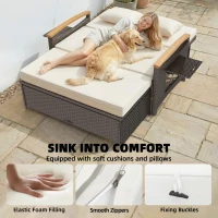 Outsunny Rattan Outdoor Daybed w/4-Level Adjustable Backrest, Patio Sofa Bed w/Storage Ottoman, Acacia Wood Armrest, Beige(m-6)