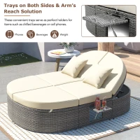 2-Person Patio Daybed with Adjustable Backrest & Cup Tray, Wicker Chaise Lounge with Thick Cushion, 78.5'' L x 55.5'' W x 16.5'' H, Beige(m-4)