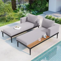2 In 1 Outdoor Daybed with Wood Side Table for Patio, Convertible Padded Chaise Lounge with Adjustable Leg, 59" L x 55" W x 21" H, Gray(m-8)