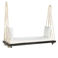 Acacia Wood Porch Swing with 10.8FT Hemp Rope for Adults, Durable Hanging Swing Bench with Cushion, 63" L x 23.5" W x 2" H, Brown(m-13)