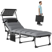 Outsunny Lounge Chair Outdoor, Folding Chaise Lounge with 5-Level Adjustable Back, Cushion, Side Pocket and Headrest(m-11)