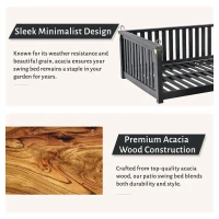 Twin Size Acacia Wood Porch Swing with Ropes for Patio & Garden, Hanging Swing Bed with Sloped Design, 79'' L x 41.5'' W x 21'' H, Black(m-8)