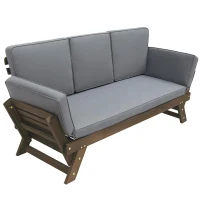 Expandable Acacia Wood Daybed with Cushions, Adjustable Patio Chaise Lounge for Compact Space, 78.5" L x 21.5" W x 32" H, Gray(m-12)