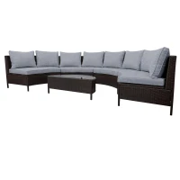 5 Piece Half-Moon Patio Sectional with Glass Table, All-Weather Wicker Sofa with Thick Cushions, 47.5" L x 27" W x 27" H, Grey(m-9)