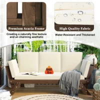 Expandable Acacia Wood Daybed with Cushions, Adjustable Patio Chaise Lounge for Compact Space, 78.5" L x 21.5" W x 32" H, Beige(m-5)