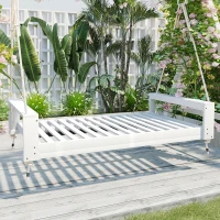 Twin Porch Swing Bed with Acacia Wood Frame & Hemp Ropes, Outdoor Hanging Daybed for Patio & Garden, 86'' L x 41.5'' W x 17.5'' H, White(m-7)